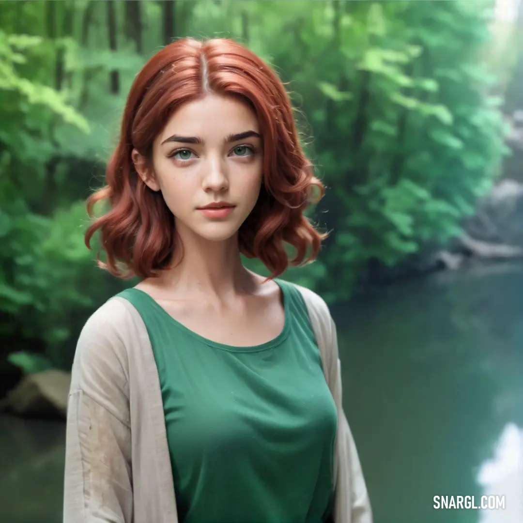 Woman with red hair standing in front of a river and trees in the background. Color Viridian.