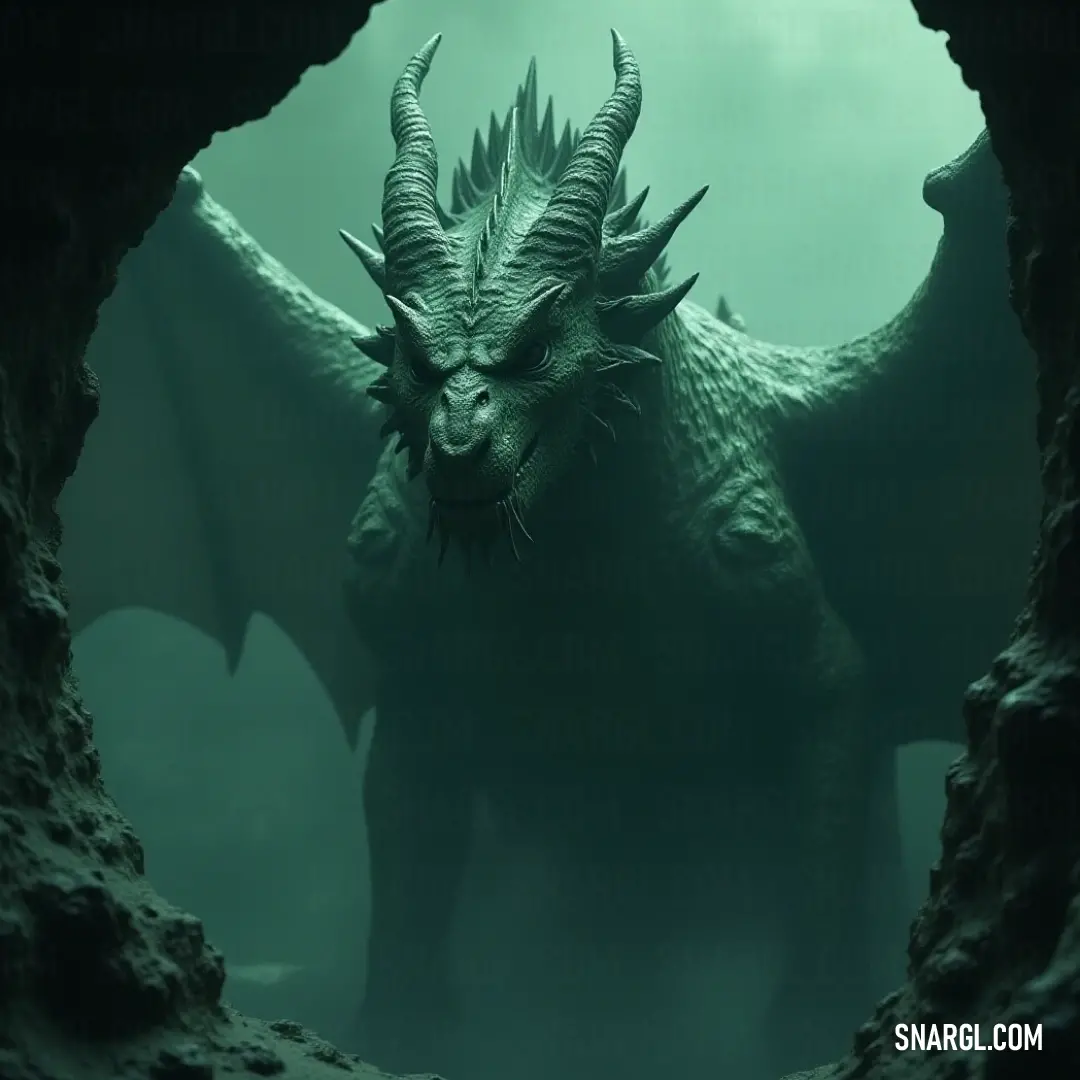 In a shadowy cave, Viserion with impressive horns stands resolutely, framed by rugged rocks and trickling water, evoking an atmosphere of mystique and adventure waiting to be explored.