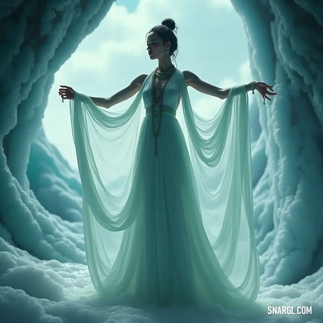 An enchanting figure in a flowing long dress, with arms outstretched in a captivating cave, embodies a majestic aura, celebrating the mysteries and magic of the natural world surrounding her. A captivating figure in a flowing long dress stands majestically in a cave, arms outstretched, as if embracing the wild beauty around her, adorned with a delicate veil that dances softly with the cave's gentle breeze.