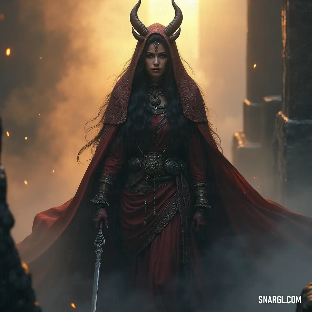 An empowering figure in a bold red dress, complete with horns and a sword, stands confidently, embodying the spirit of fierceness and strength against a dynamic backdrop. A fierce figure revels in her strength, clad in a striking red dress paired with imposing horns and wielding a sword, manifesting power and determination in a captivating display of courage and boldness.