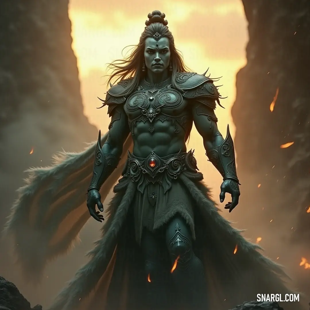Heroic figure with a sword and a demon companion, standing in a shadowy cave. In a shadowy cave, a heroic figure in regal attire stands confidently, a sword in hand, as a loyal demon companion perches on her shoulder, emphasizing the bond between strength and loyalty amidst the darkness.