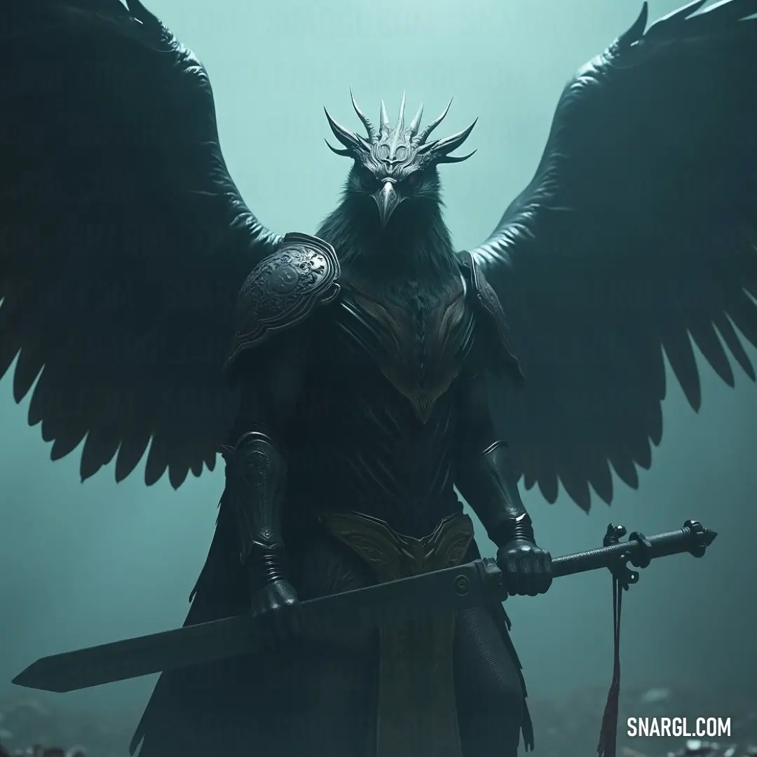 A formidable portrayal of Vishnu's Garuda, brandishing a shining sword with majestic wings atop its head, emanating a sense of divinity and power, a fascinating blend of mythology and strength. Vishnu's Garuda, a mythical figure, stands heroic with a gleaming sword and impressive wings adorned atop its head, a striking silhouette against a backdrop of mystique, symbolizing strength and divine courage.