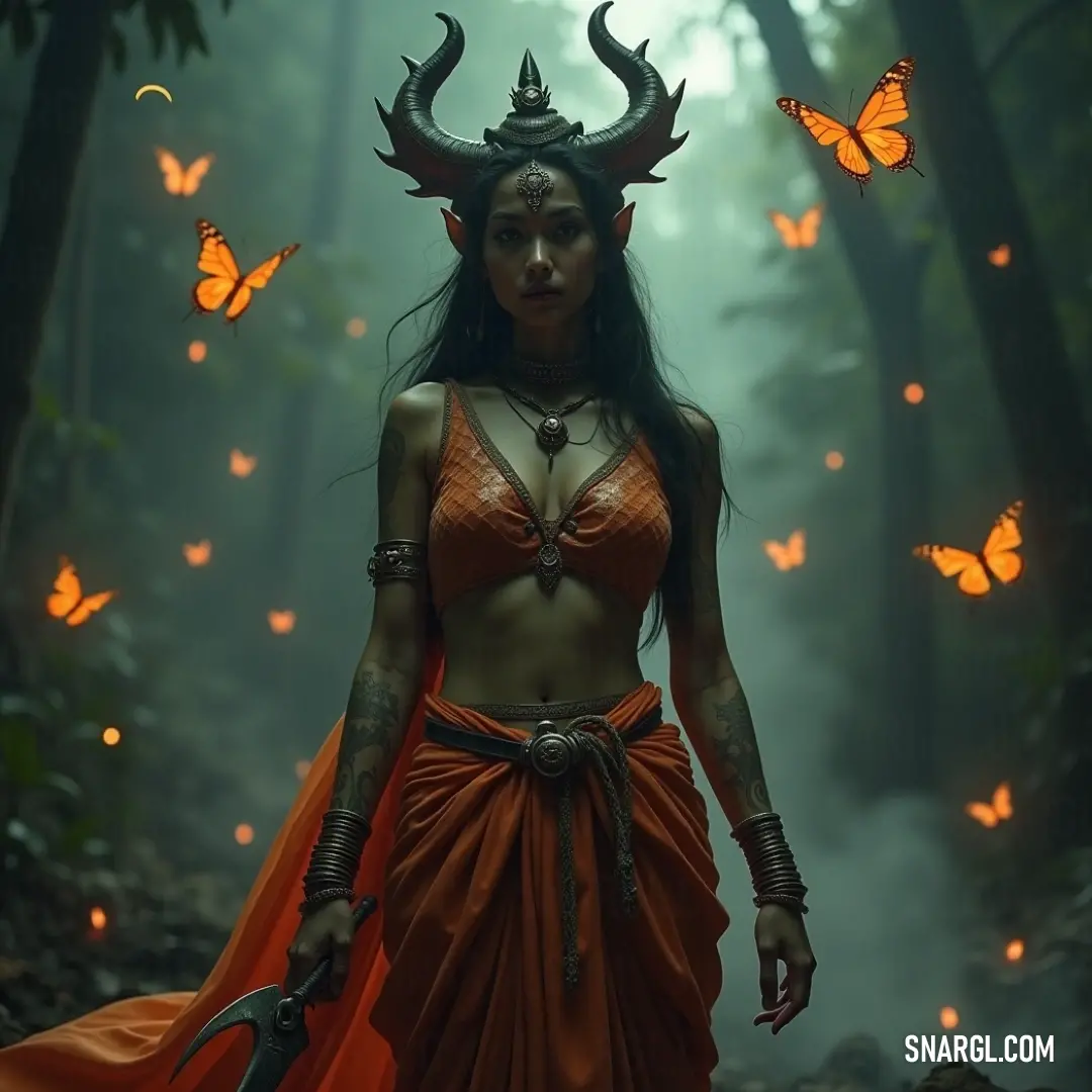 Mystical Beauty: A Harmonious Dance with Nature An enchanting figure in a vibrant red dress with mysterious horns delicately balances a butterfly atop her head, standing gracefully amidst nature, symbolizing the harmony of beauty and the mystical essence of wildlife.