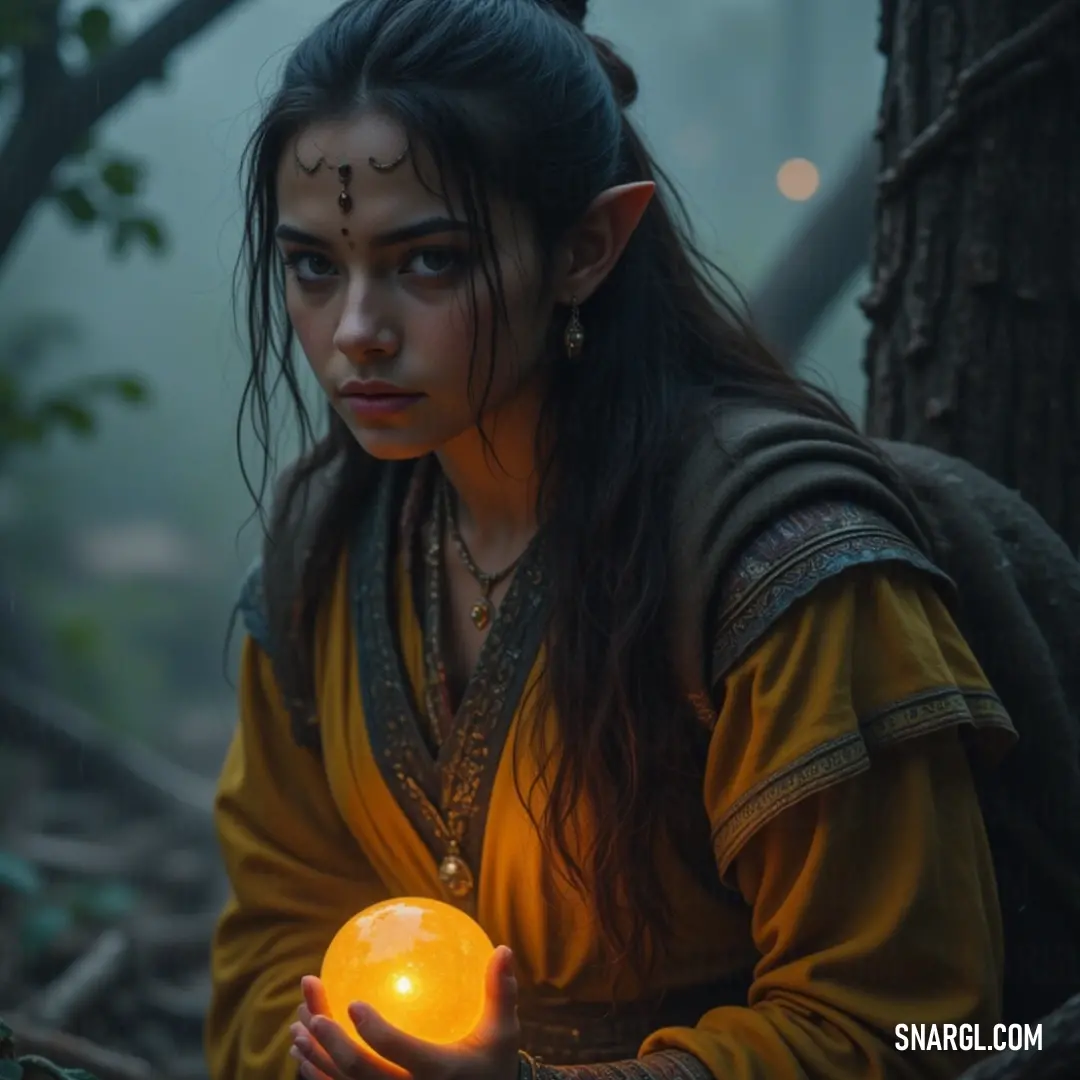 Enlightened Guardian: A Glow in the Night Forest A divine figure in a luminous yellow outfit holds a shimmering glowing orb in her hands, surrounded by the mystical ambiance of a forest at night, where twinkling lights enhance the ethereal experience of the moment.