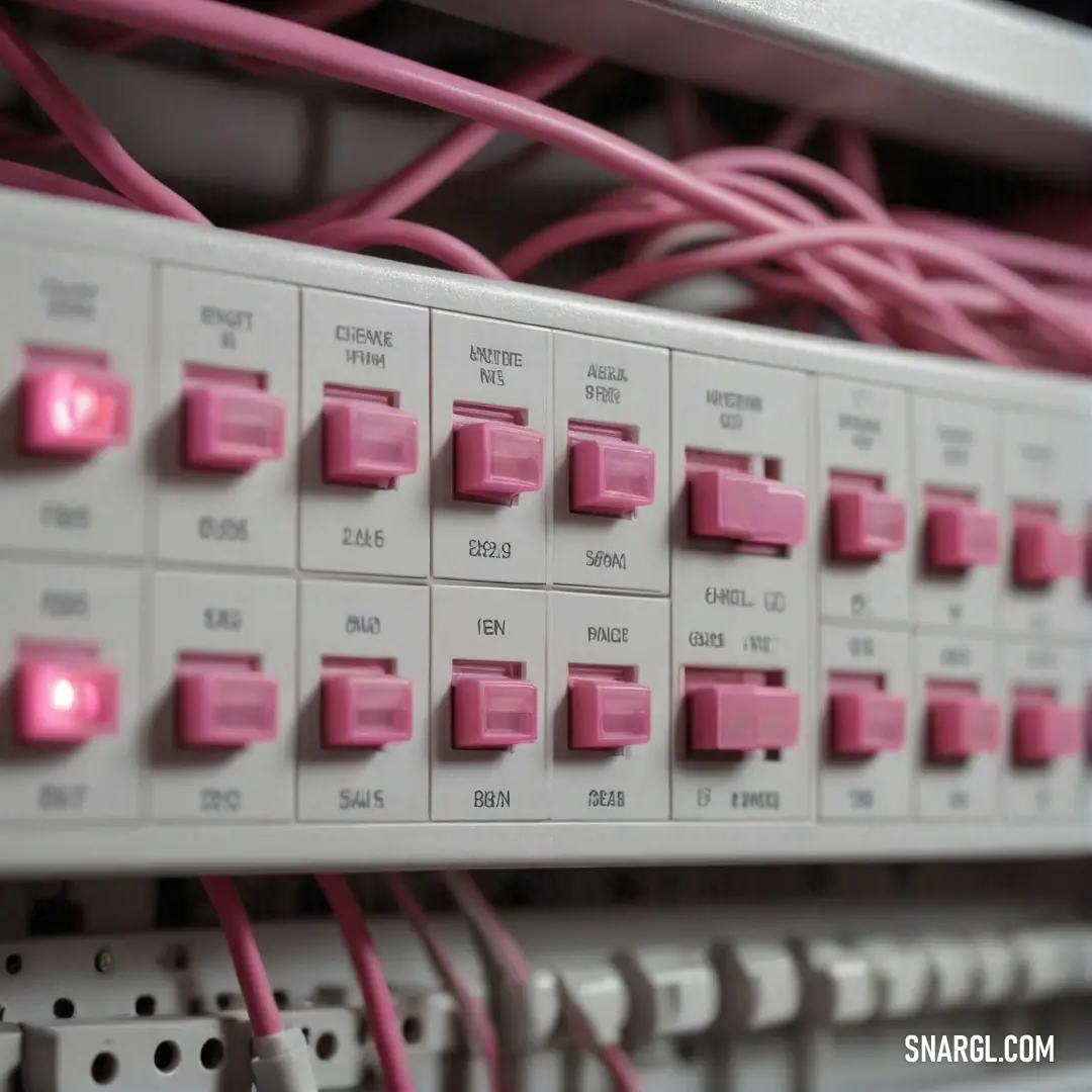 A vivid close-up captures a meticulously designed switch panel adorned with pink wires, set against a clean white wall. The intricate details and colors highlight the blend of functionality and aesthetic appeal in modern electrical designs.