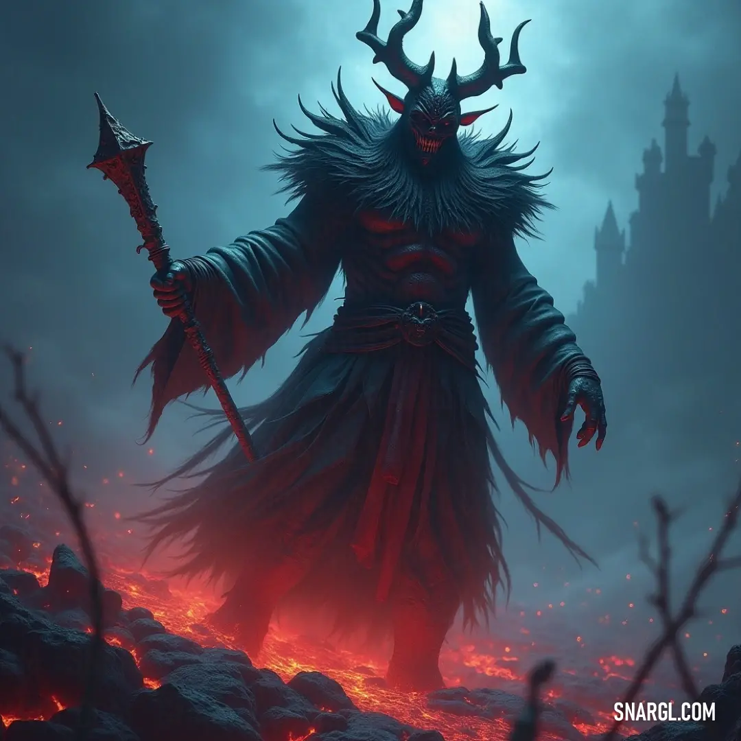 A captivating demon with menacing horns and a mystical staff stands in a dark, enchanting forest. The subtle glow behind him pierces the foggy sky, creating a haunting yet awe-inspiring atmosphere that stirs the imagination, evoking themes of magic and fa