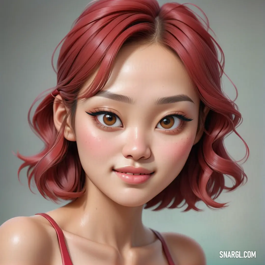 Vivid auburn color example: Digital painting of a woman with red hair and brown eyes and a pink bra top on her chest