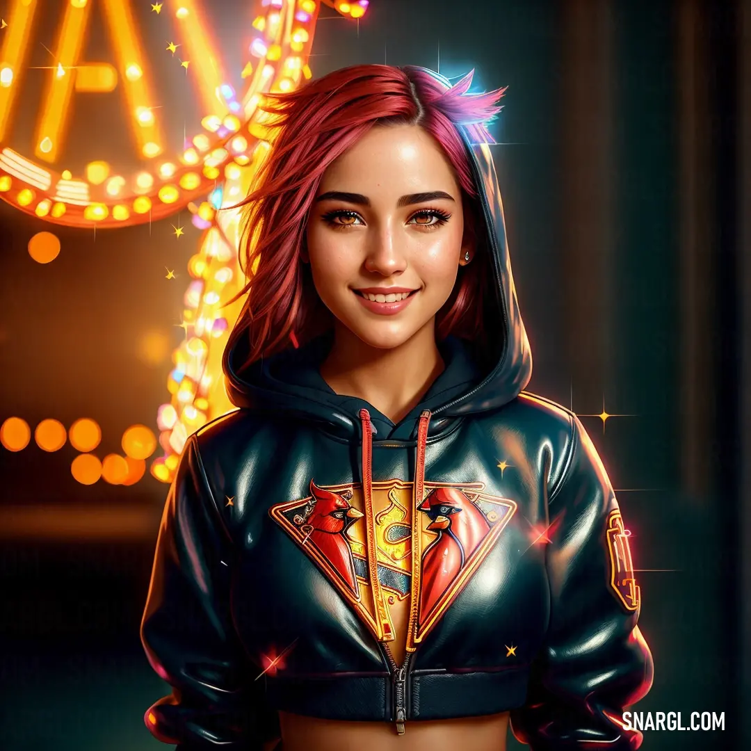 Digital painting of a woman wearing a black jacket with a superman symbol on it and a neon sign behind her