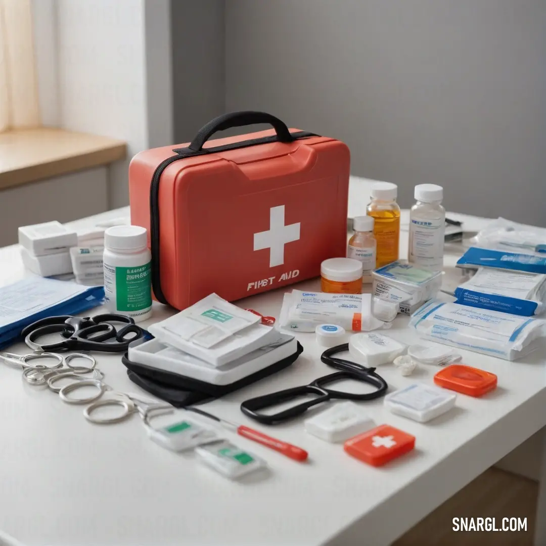 A vibrant first aid kit sits atop a table, surrounded by essential medical supplies, with a spacious window revealing a twilight backdrop, offering a glimpse of comfort amid chaos in vivid auburn tones.