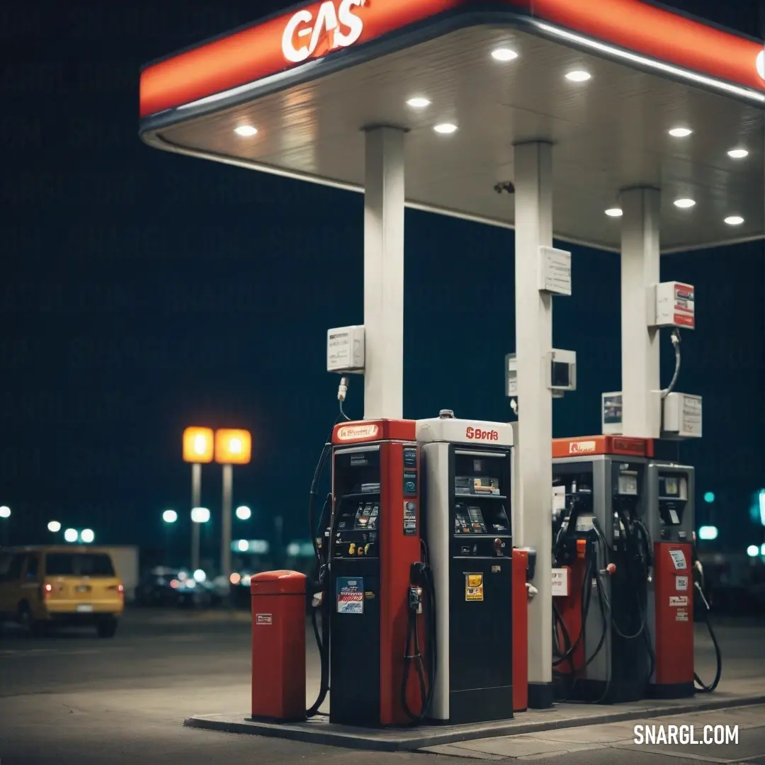 A lively gas station scene at night, awash with the warm glow of pump lights while a few cars create a cozy urban backdrop, showcasing the intense allure of the color #922724.