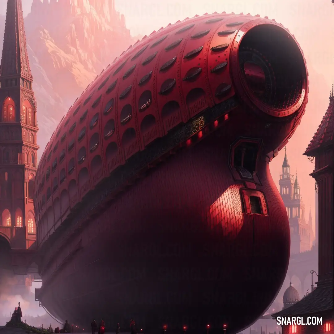 Giant red object in a city with a clock tower in the background and a red sky with clouds