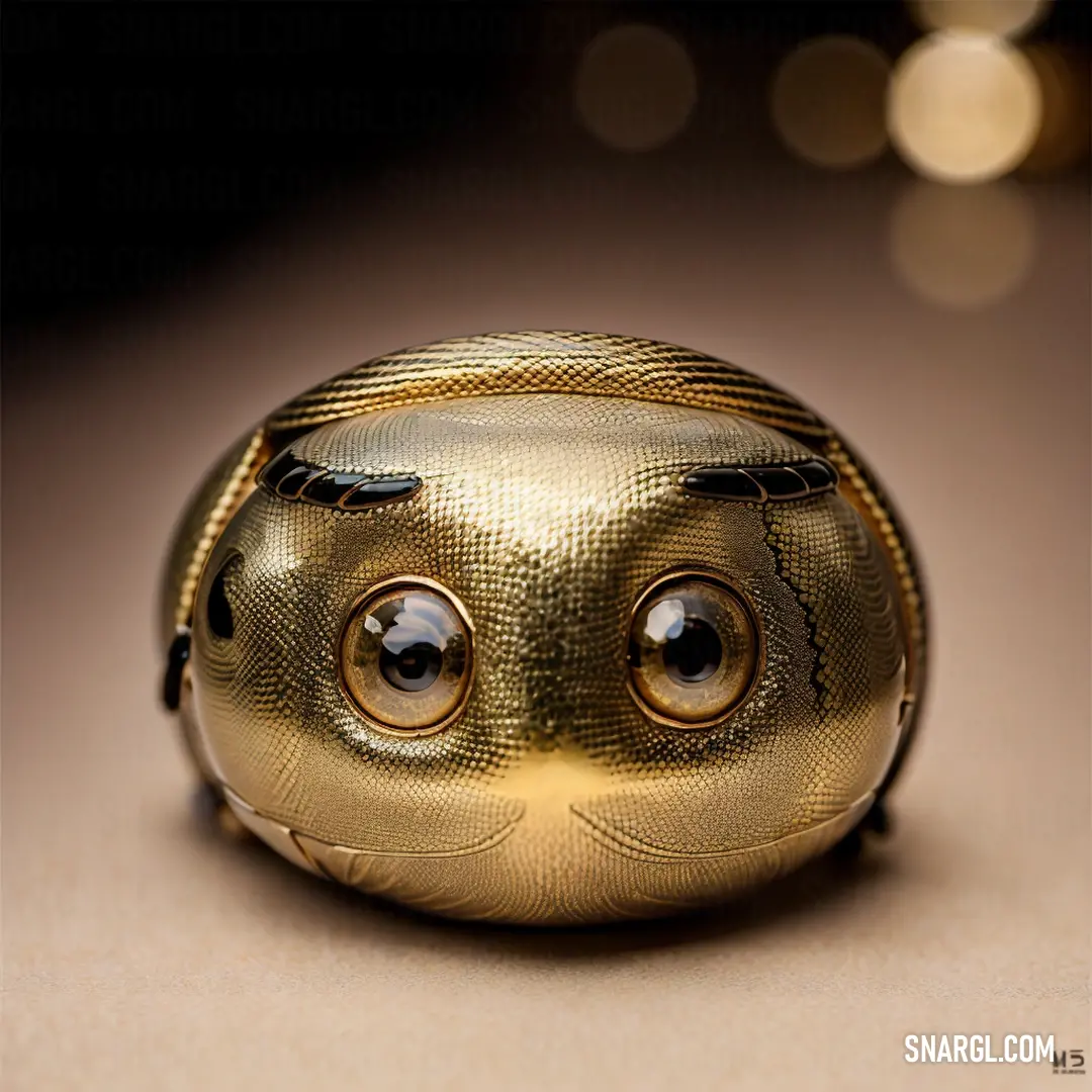 A golden-colored object with eyes and a nose sits on a table, surrounded by a blurry background. The soft focus draws attention to its unique features and warm hue.