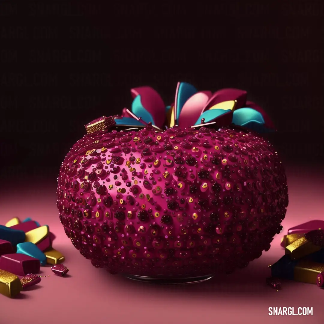 Large red apple with a bow on it's head surrounded by small colorful objects on a pink surface