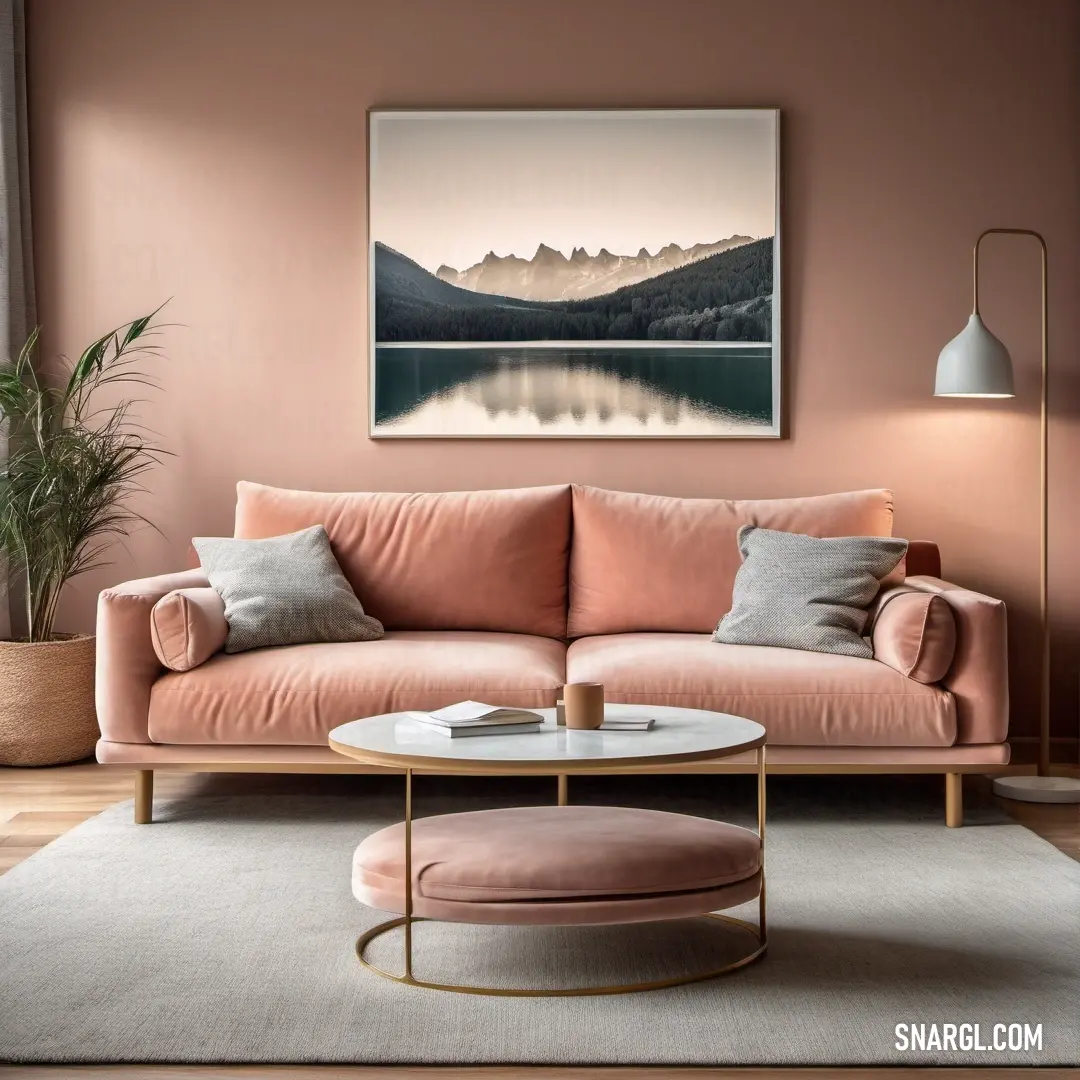 An inviting living room scene featuring a vibrant pink couch and a stylish coffee table placed perfectly in front of a large window, framing breathtaking mountain views that create an ideal haven for relaxation and daydreaming.