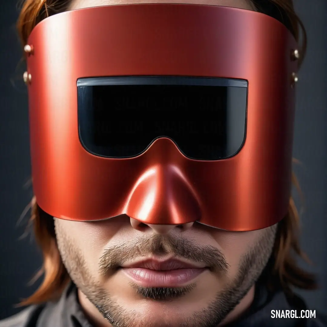 A man wearing a red mask and a matching nosepiece, with an intense and mysterious expression. The rich red tones of his mask contrast sharply with the rest of his attire, giving him an air of intrigue and boldness.