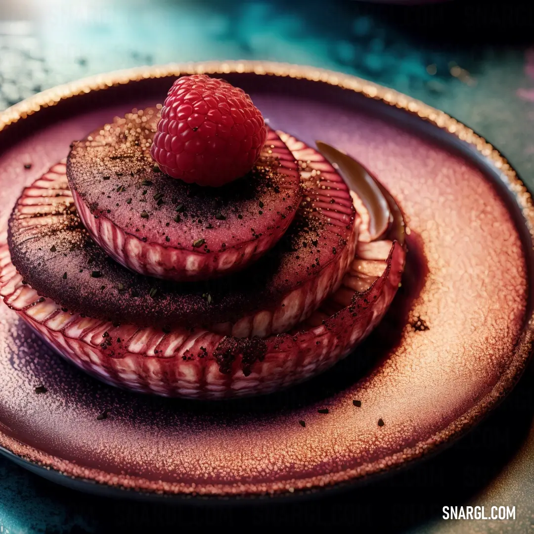 Plate with a chocolate dessert and a raspberry on top of it on a table top with a blue table cloth