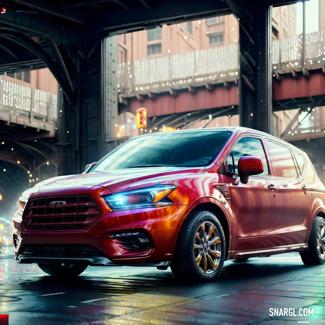 Red ford suv parked in a tunnel under a bridge in the rain with lights on it's side