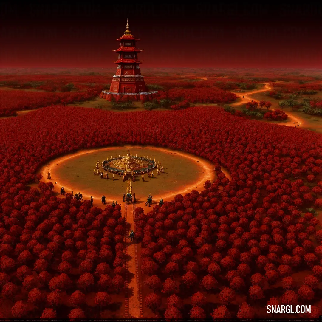 Red tower surrounded by trees and a circle of people in the middle of the picture is a red sky