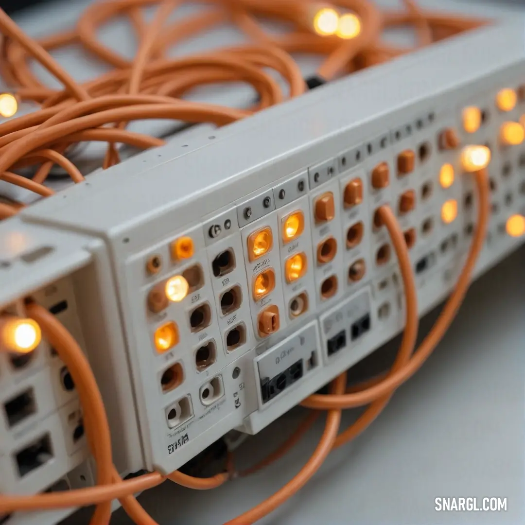 A dynamic close-up of a switch panel reveals orange wires intertwined with glowing orange lights, all set against a crisp white background, encapsulating both the technical precision and visual excitement of contemporary electrical design.