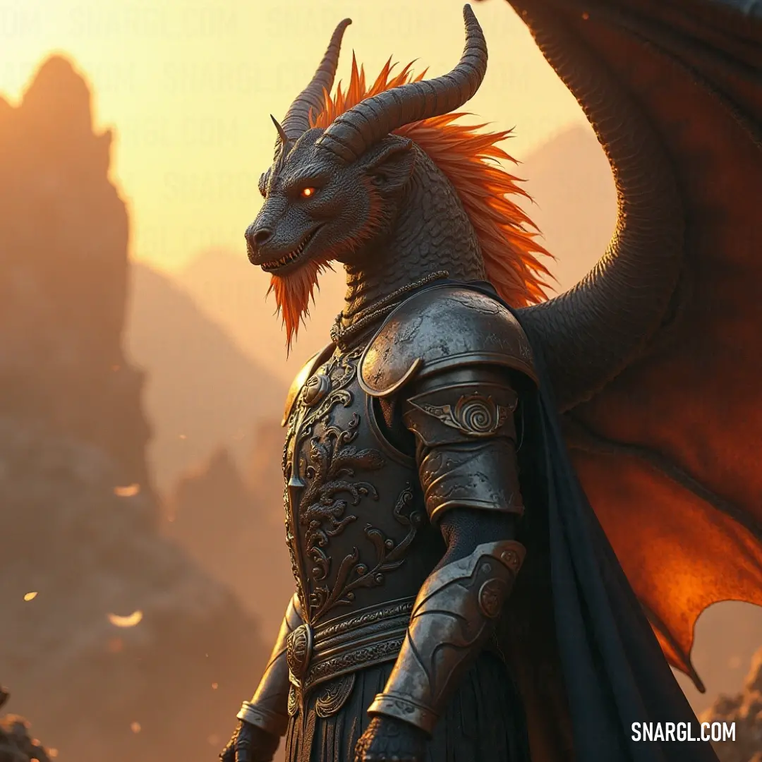 A fierce dragon adorned with twisted horns and a flowing cape stands proudly in front of towering mountain peaks illuminated by a breathtaking sunset, which casts a warm, glowing orange hue over the scene, enhancing its majestic presence.