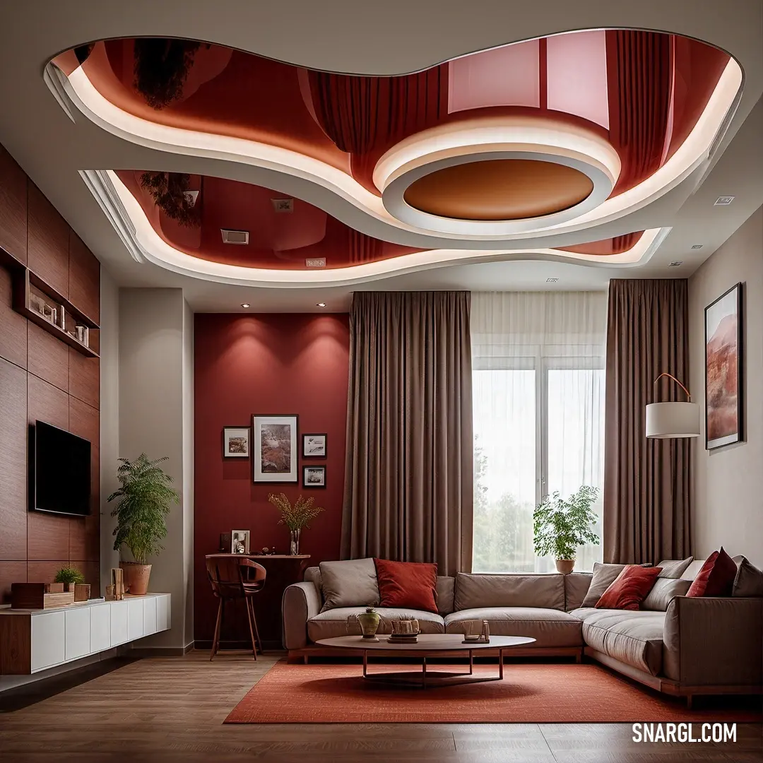 An inviting living room showcasing a cozy couch and a television on a stylish stand, all under a striking red ceiling that adds a bold touch, setting the scene for family gatherings and movie nights.