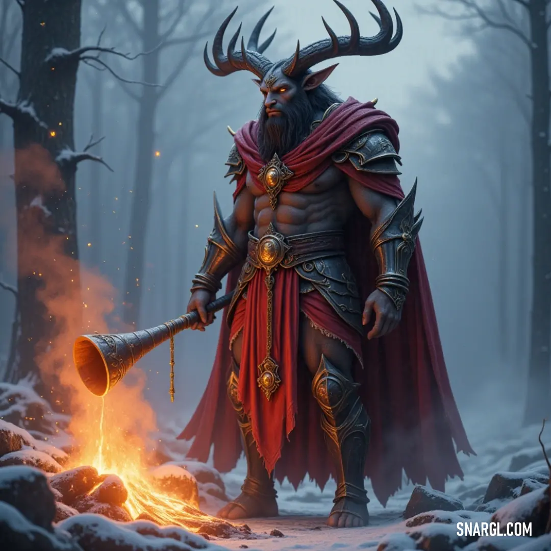 A fearsome demon-like figure stands amidst a snowy forest, adorned with horns and a flickering flame, casting an aura of mystique and strength that captures the viewer's imagination.