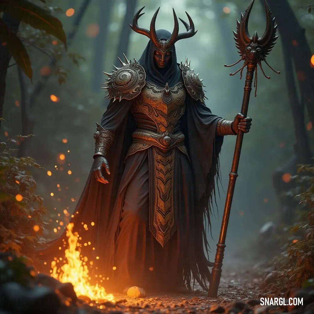 A captivating figure in a horned costume holds a flickering flame amidst a whispering forest, evoking an air of mystery and magic, embodying themes of ancient rituals and untold tales.