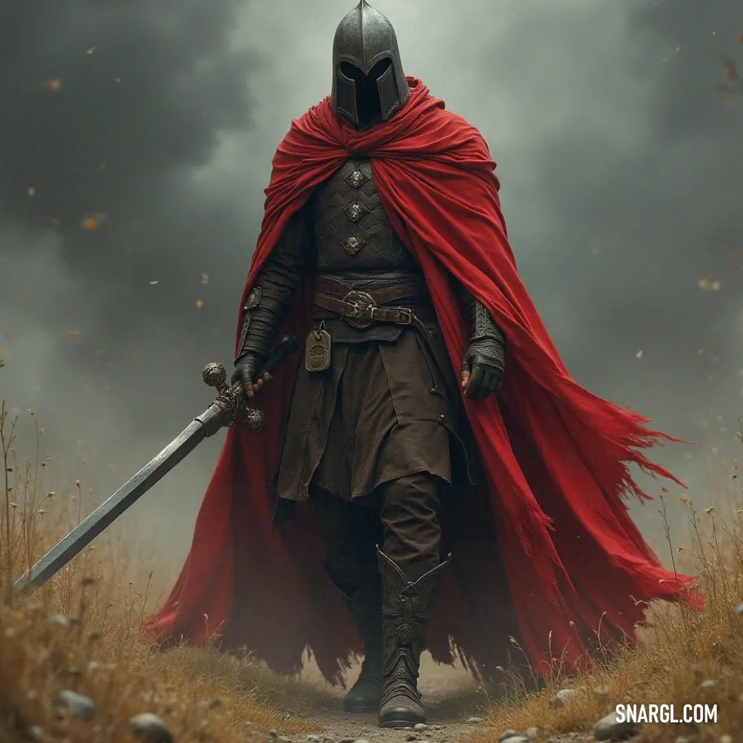 A heroic figure draped in a flowing red cape strides confidently through a vast field, sword in hand, embodying the essence of bravery and adventure against the backdrop of an expansive sky and vibrant landscape.