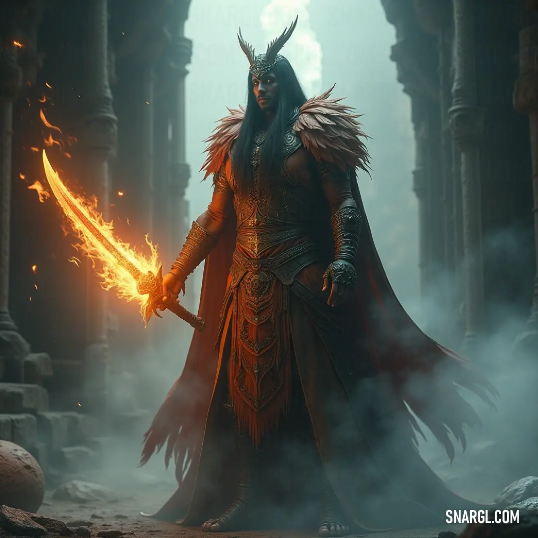 A solemn figure cloaked in a deep red robe stands in a hauntingly foggy landscape, sword raised in one hand and flickering flame in the other, embodying the duality of strength and vulnerability amidst the shadows.