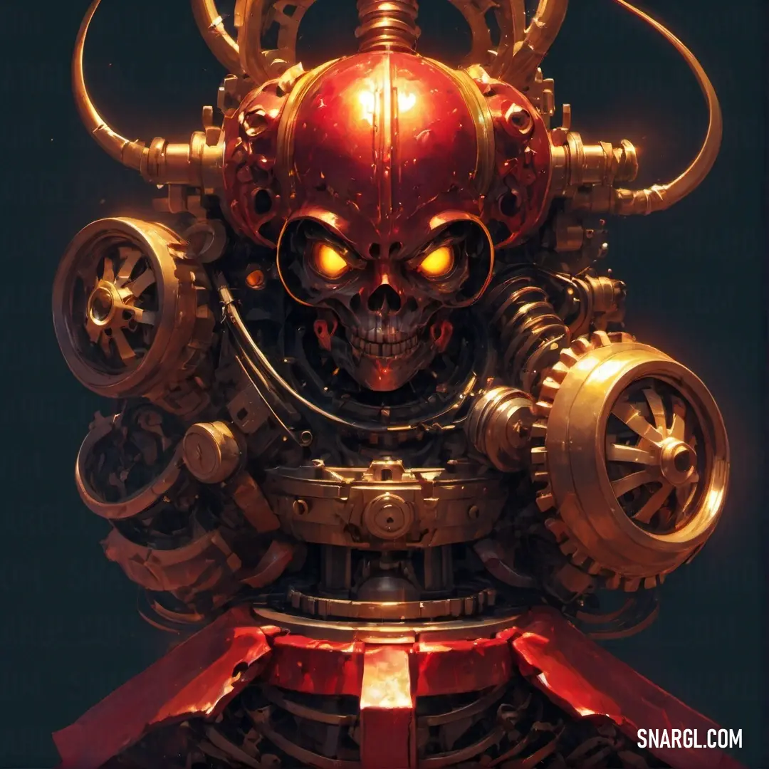 A mechanical skull adorned with a red helmet and horns, wrapped in a red ribbon, exudes a bold and dramatic presence. The intricate design of the skull contrasts beautifully with its vivid crimson details.