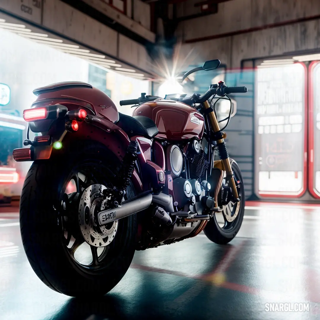 A sleek red motorcycle sits idle in a garage, perfectly positioned under a soft glow of a red light. The vibrant red wall behind the bike complements its striking color, while the garage ambiance adds to the rugged charm.