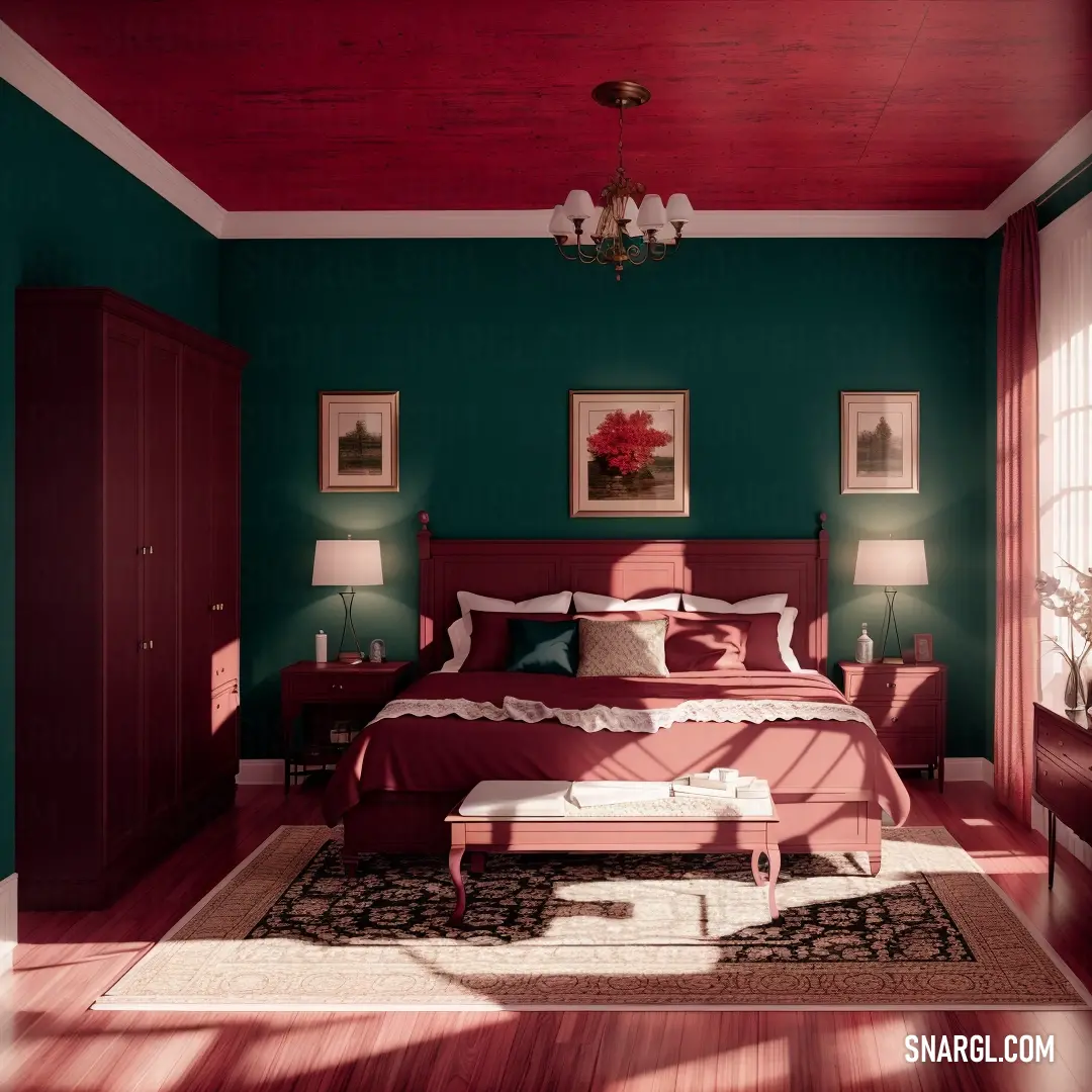 Bedroom with a bed, dresser. Example of #9F1D35 color.