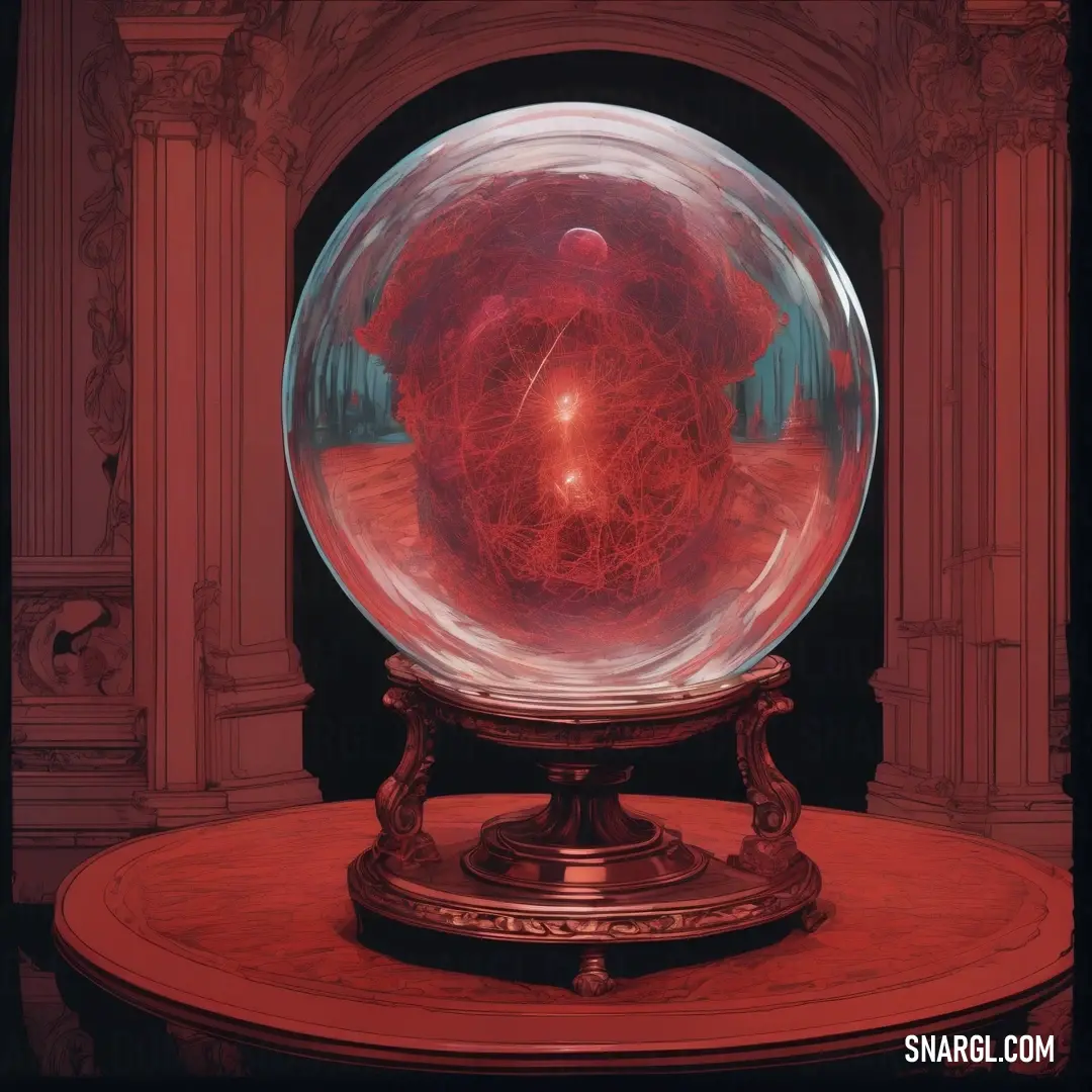 Vivid burgundy color. Glass ball with a red substance inside of it on a table in a room with columns and arches