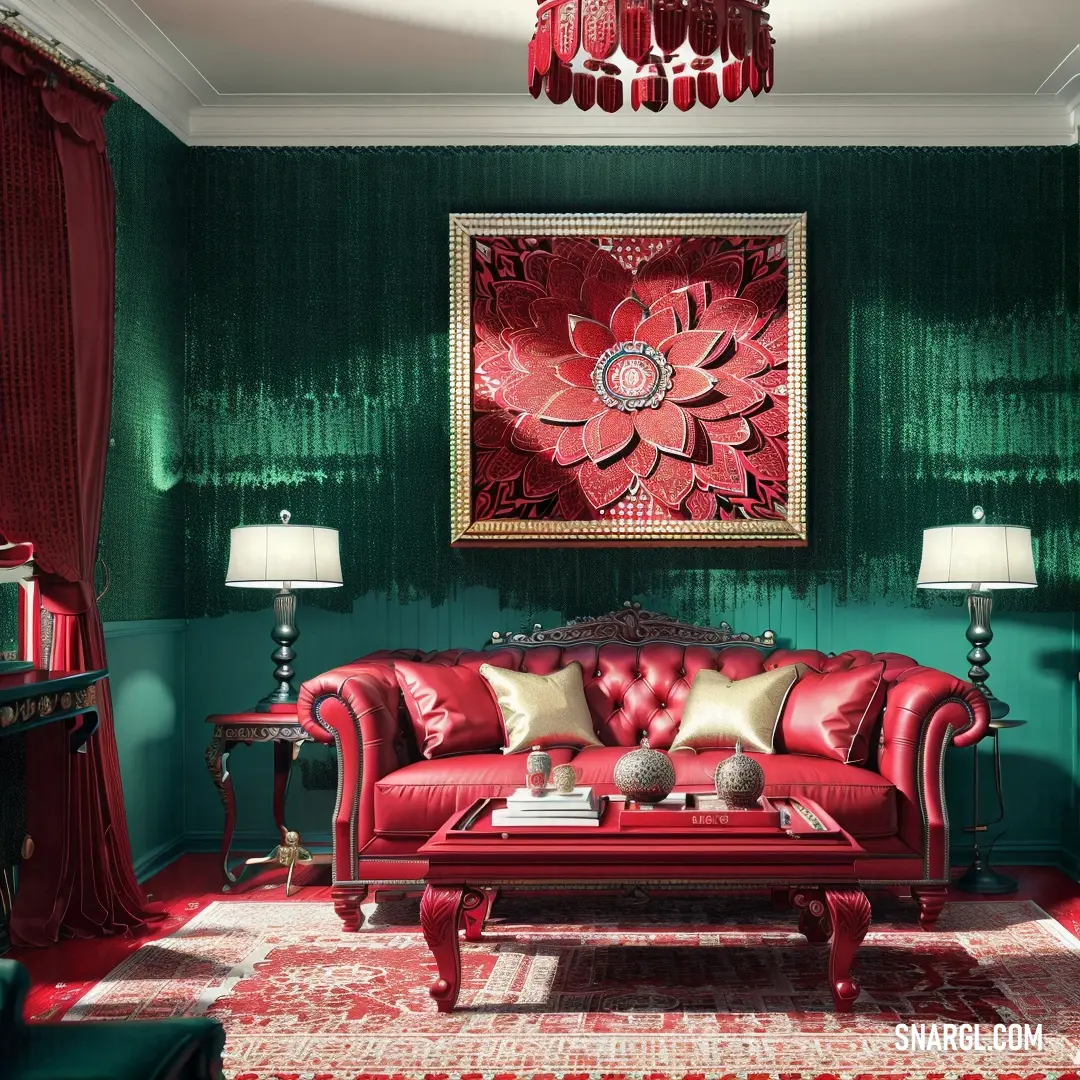 Living room with a red couch and a red rug on the floor and a green wall with a painting on it