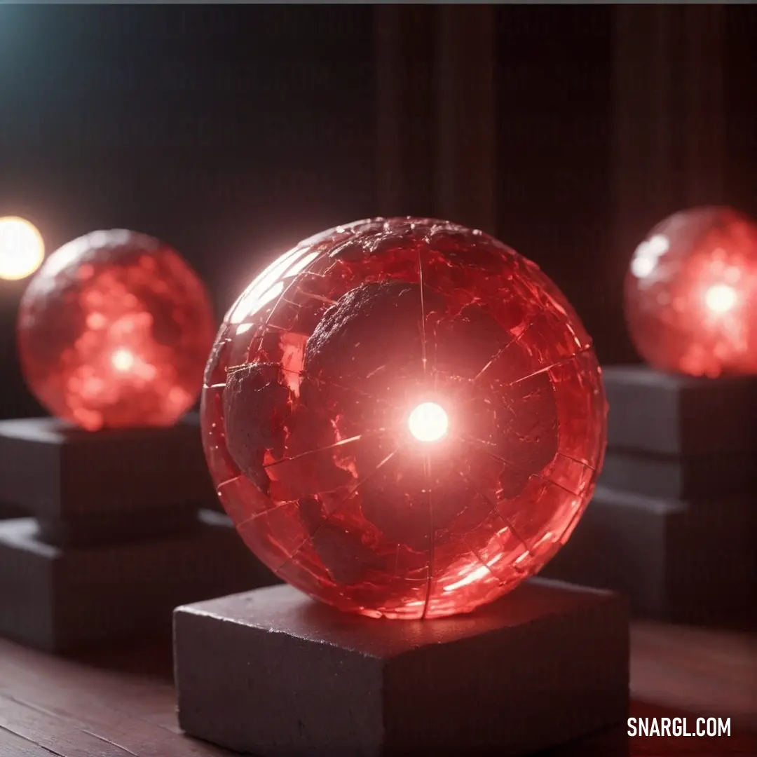 Red ball of light on top of a wooden table next to two smaller ones on pedestals. Example of Vivid burgundy color.