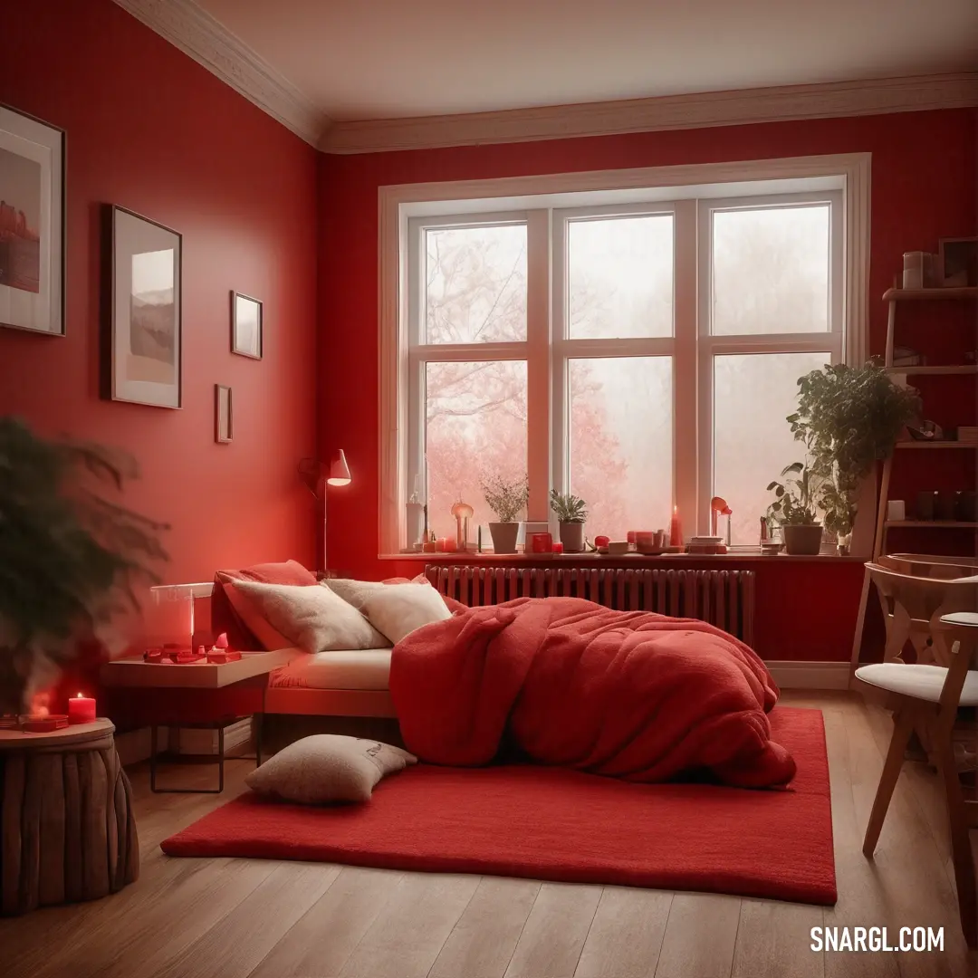 Red bedroom with a red bed and a red rug on the floor and a red wall and windows. Example of RGB 159,29,53 color.