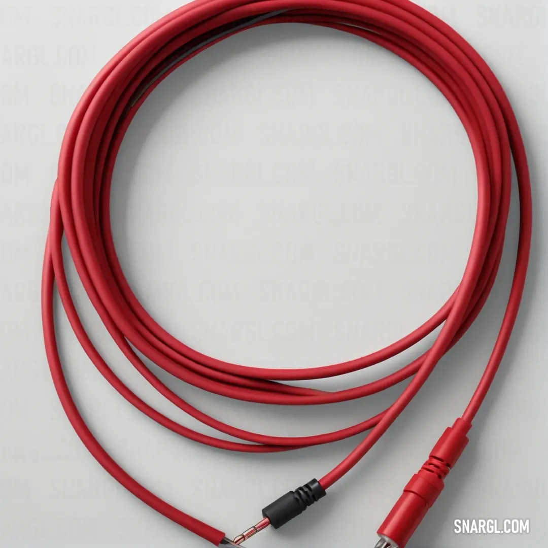 Red cable with a black end plug on a white surface. Color CMYK 0,82,67,38.
