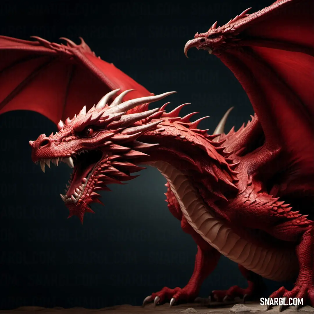 Red dragon statue on a black background. Color RGB 159,29,53.