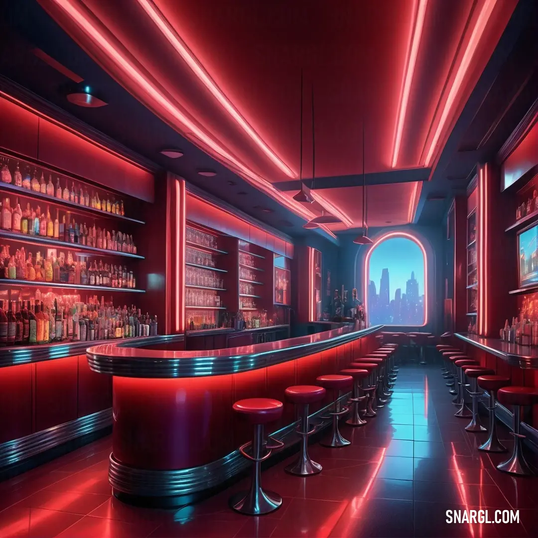 Bar with red lights and stools and a bar counter with red stools and red lighting on the walls. Color #9F1D35.