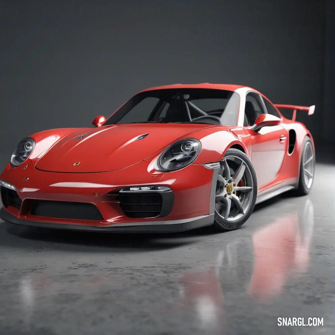 Red and white sports car in a dark room with a black background. Example of RGB 159,29,53 color.
