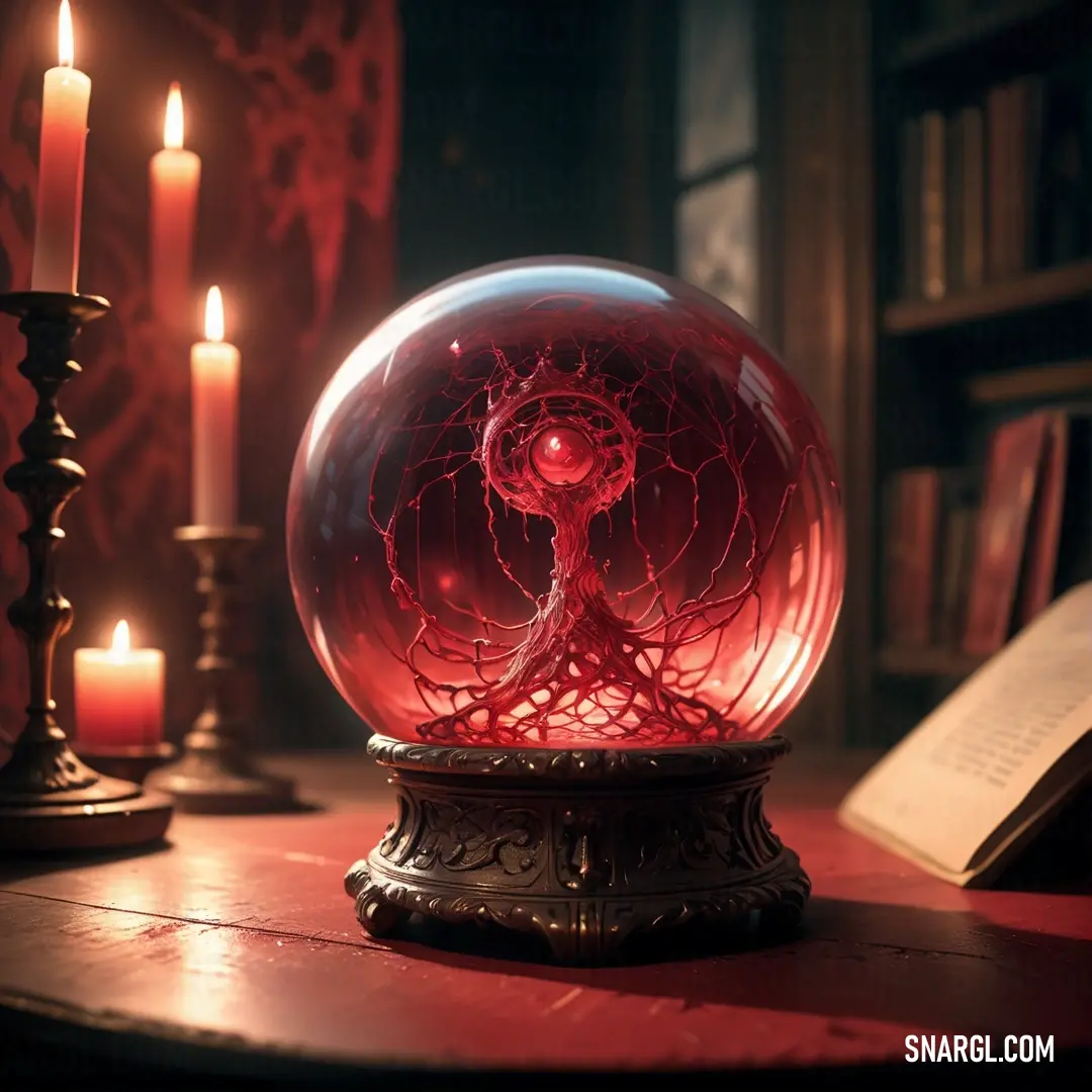 Red crystal ball with a tree of life inside of it on a table next to a book and candles. Color Vivid burgundy.