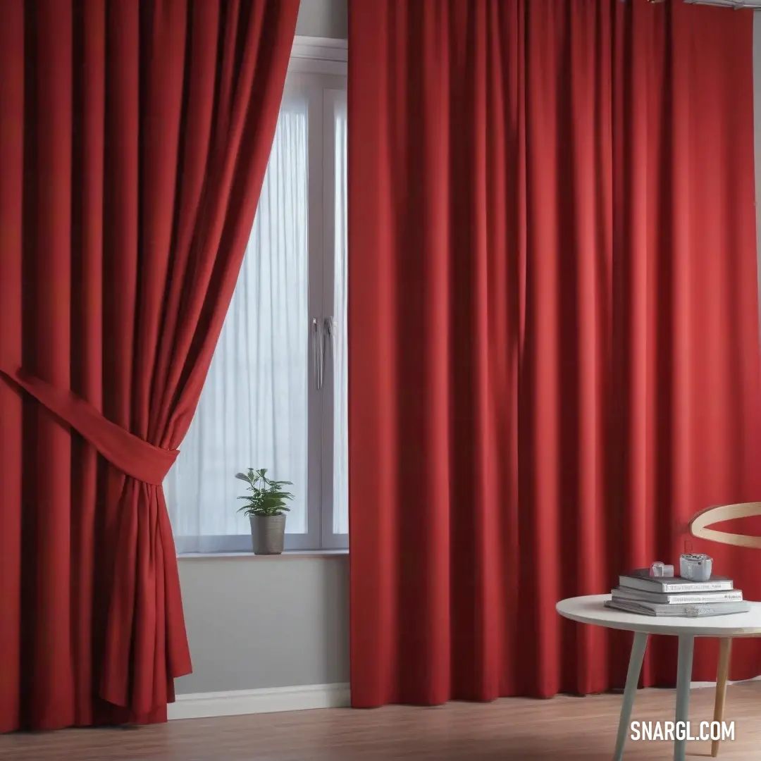Red curtain with a white table and a plant in it in front of a window. Color RGB 159,29,53.