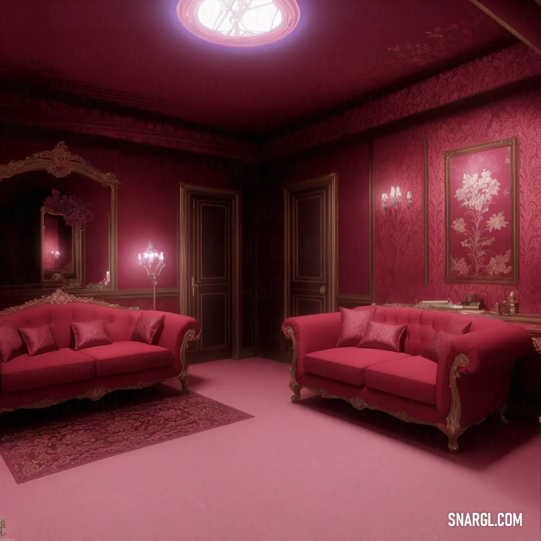 Room with a couch, chair, mirror and chandelier in it and a rug on the floor. Color RGB 159,29,53.