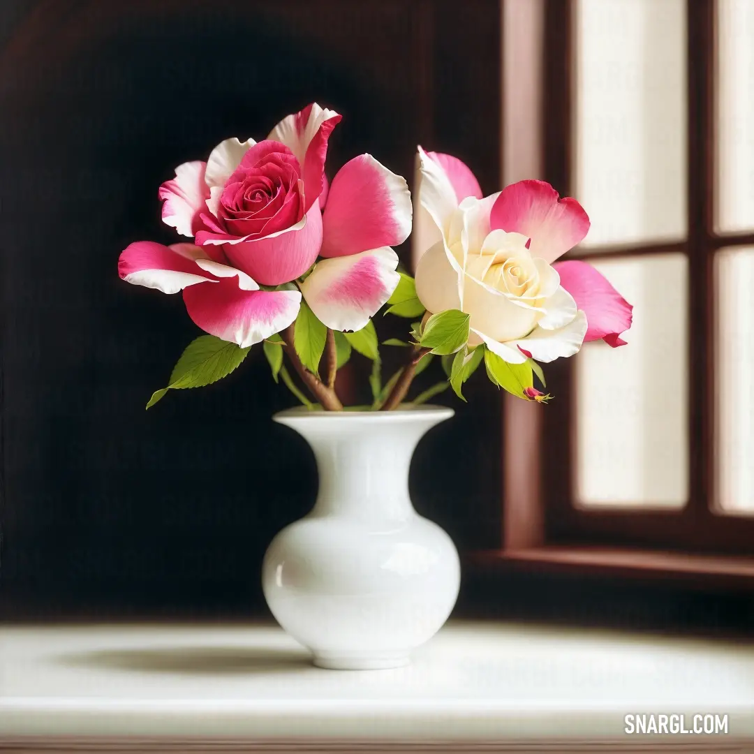 White vase with pink and white flowers in it on a window sill next to a window sill