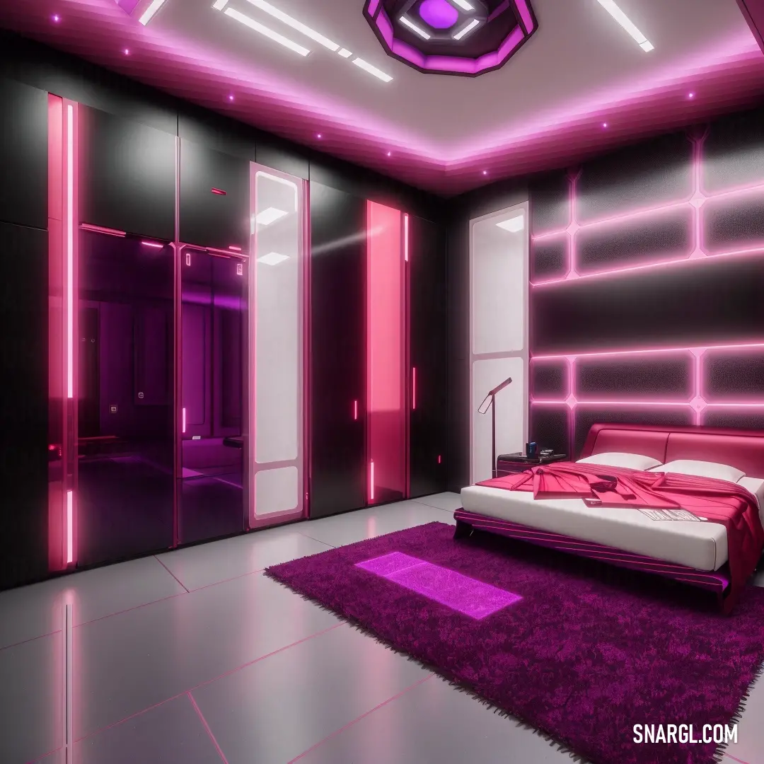Vivid cerise color example: Bedroom with a bed and a purple rug on the floor and a purple light on the wall above it