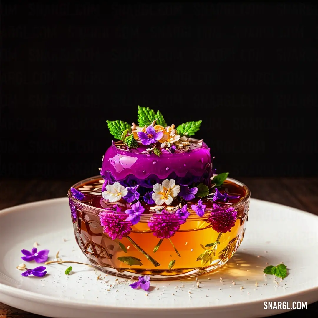 Cake with flowers on a plate on a table with a black background and a wooden table top