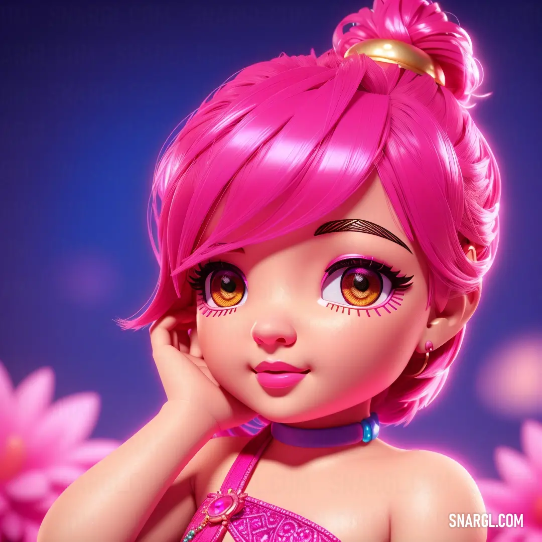Cartoon girl with pink hair and big eyes and a pink dress with a gold ring on her head