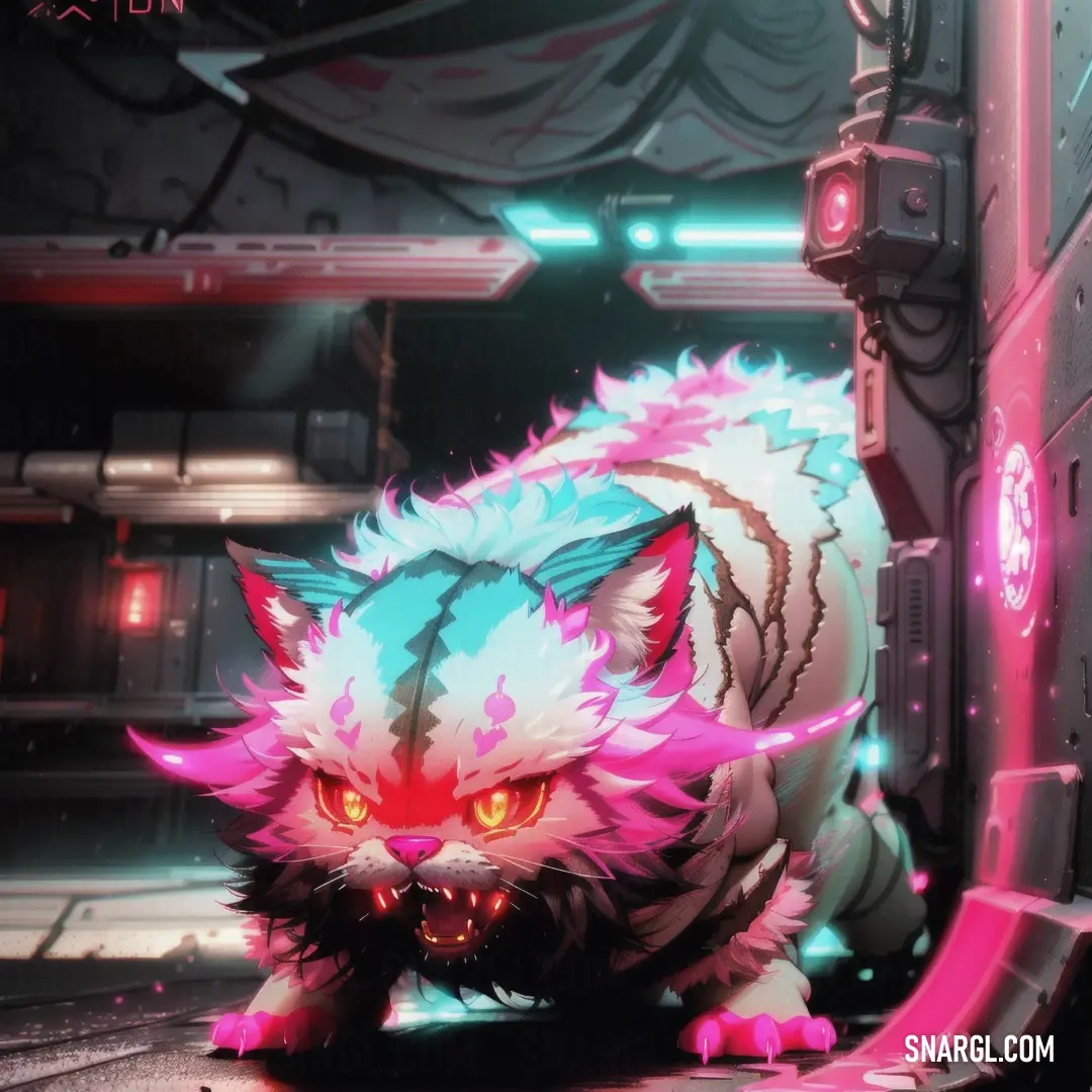 Cat with glowing eyes and a pink tail is standing in a futuristic setting with a neon light on its face