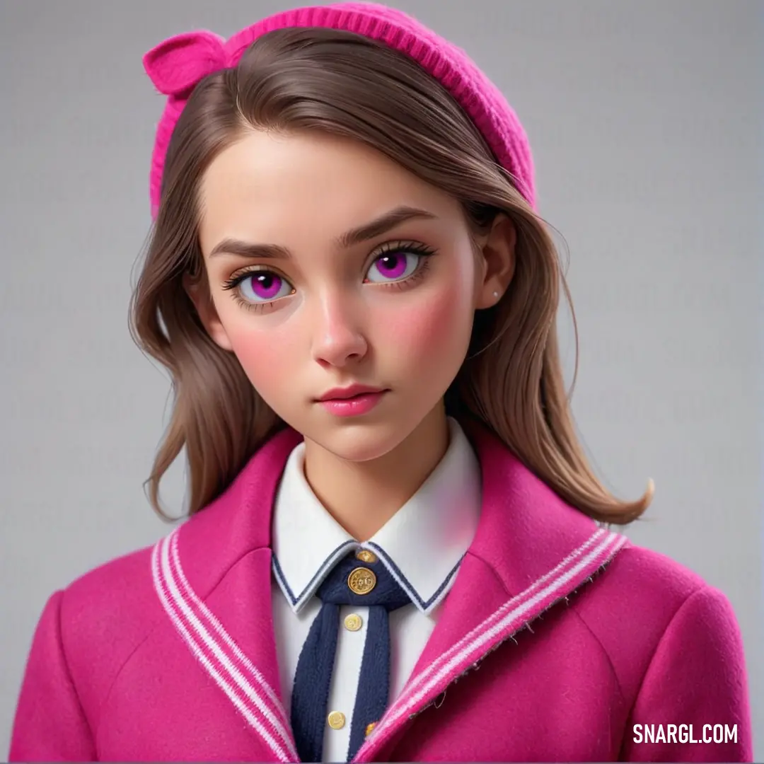 Girl with a pink coat and a blue tie and a pink sweater and a pink hat and a blue and white striped tie. Color RGB 218,29,129.