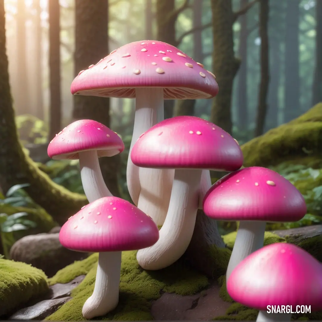 Group of mushrooms that are in the grass near trees and rocks in the woods with moss growing on the ground. Example of RGB 218,29,129 color.